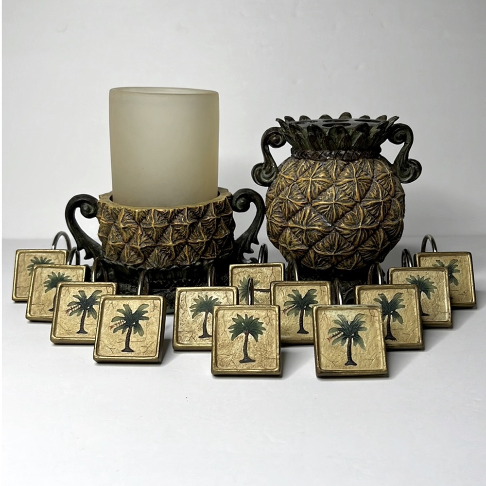 Vintage Pineapple Toothbrush Cup Candle‎ Holder & Palm Tree Shower Curtain Hooks - Picture 3 of 8
